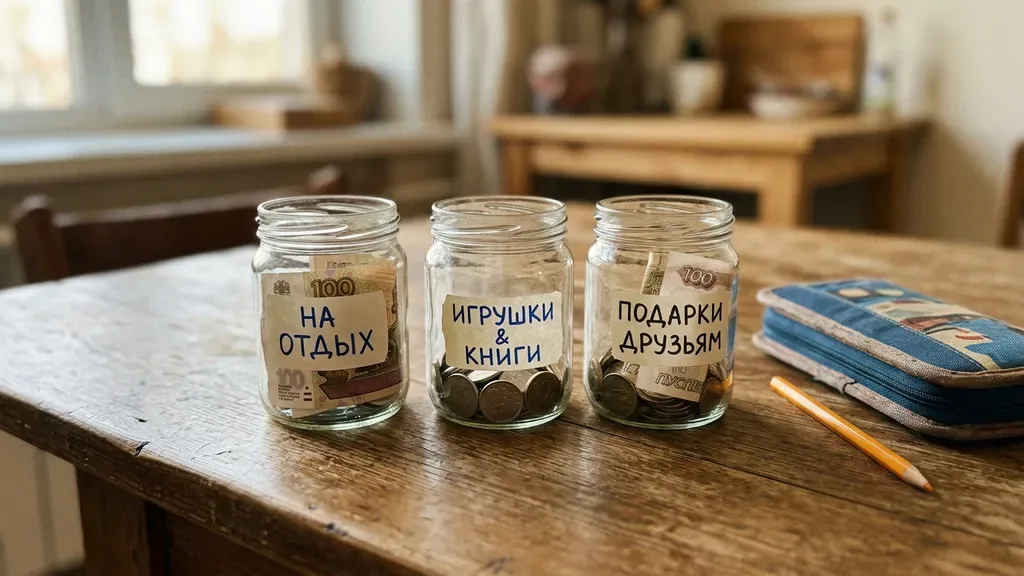 Система трех прозрачных банок для детских накоплений и подарков близким